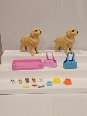 Barbie Newborn Pups Mom Golden Retriever Dog Puppies Figure Set